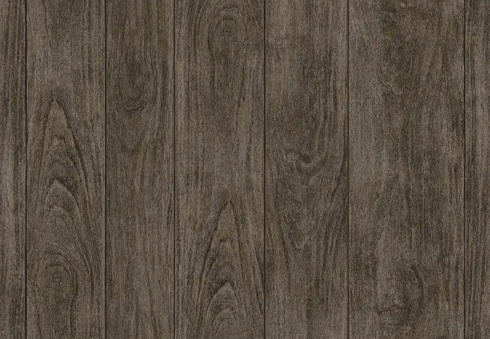 Wide planks in dark chocolate brown, knots and open grain running the length of each board.