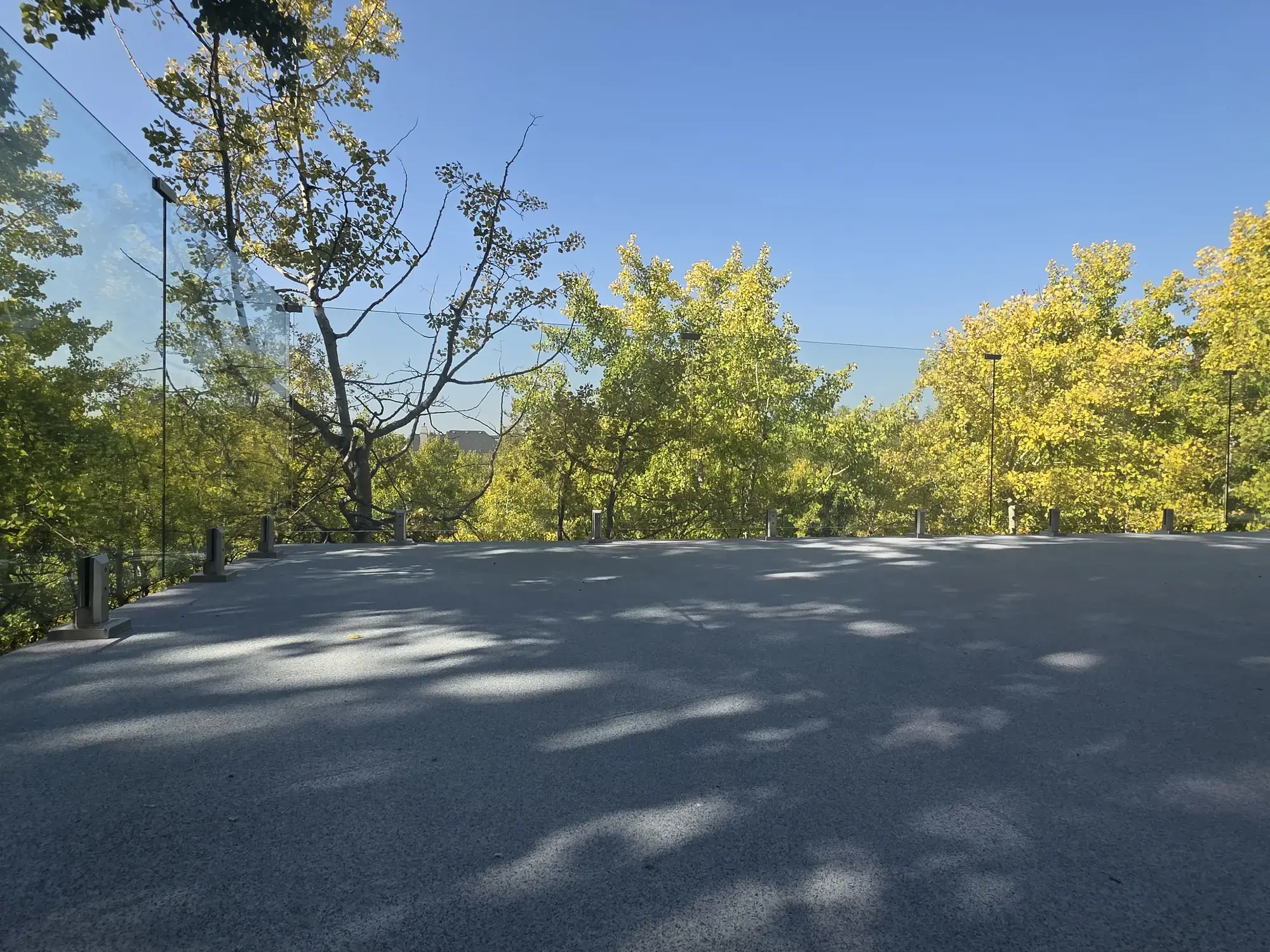 A wide granite-finish vinyl deck under autumn trees, dappled with shade