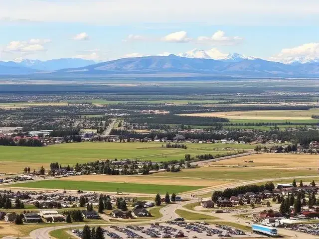 Airdrie, Alberta from the air, with the Rockies on the horizon