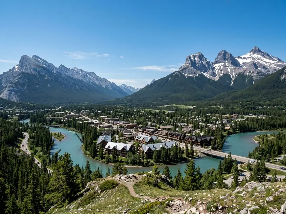 Canmore, Alberta in the Bow Valley, with the Three Sisters behind the town