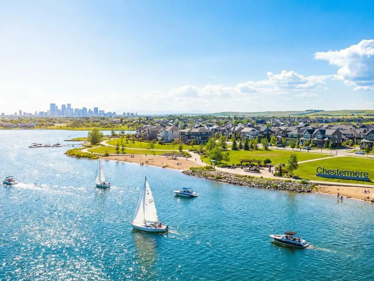 Chestermere Lake with lakefront homes and the Calgary skyline behind